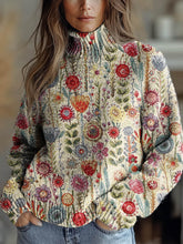 Women's Vintage Floral Art Print Knit Turtleneck Pullover Sweater